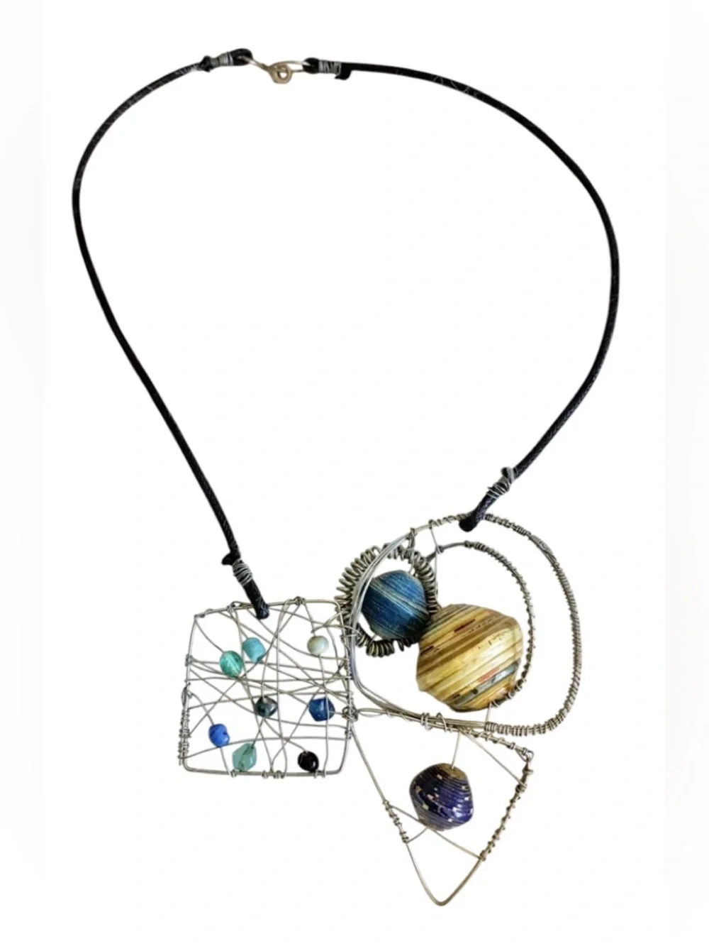 Handcrafted Art Brass Wire Blue Bead Unique Boho Artisan Statement Necklace